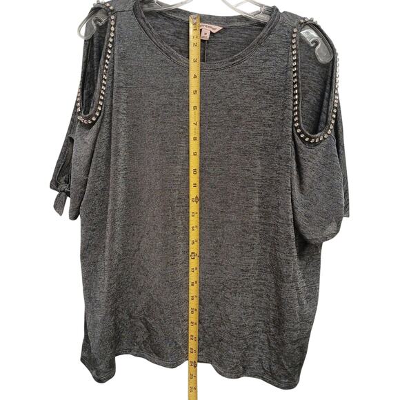 Juicy Couture Rhinestone Cold Shoulder Top M Gray Short Tie DIAMONDS Sleeves - Picture 11 of 16